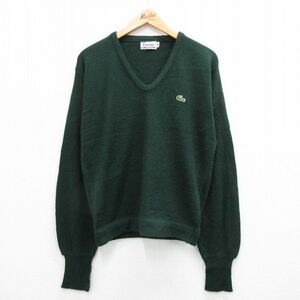 L/古着 ラコステ LACOSTE IZOD 長袖 ブランド セーター メンズ 80s ワンポイントロゴ アクリル Vネック 濃緑 グリーン 23sep26 中古 ニ 2OF