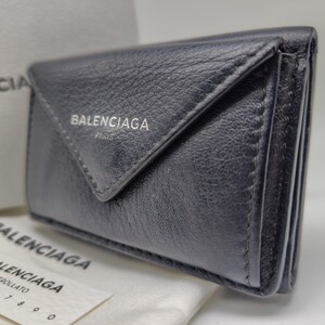 美品【付属品付】BALENCIAGA バレンシアガ ペーパーミニウォレット 三つ折り財布 コンパクトウォレット レザー ブラック 箱 保存袋有