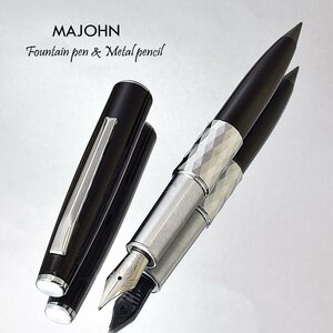 ◆●多機能【MAJOHN】N102 万年筆+メタル ペンシル 削らずに書き続けられる金属鉛筆 ブラック F細字 ペンケース・替え芯2本付 新品/MN102BK