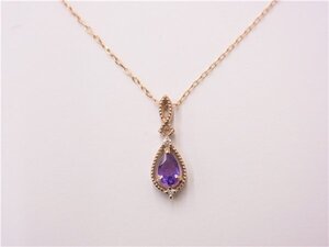 ◎ K10ネックレス ◎　K10PG　ダイヤ0.01ct　パープルストーン　平アズキチェーン　40.5cm　0.9ｇ　10金ピンクゴールド　◎美品