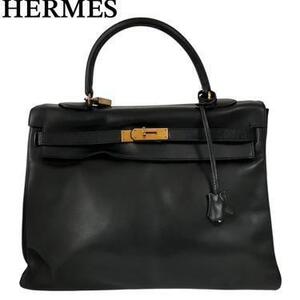 １円~ 美品 HERMES エルメス ケリー32 ボックスカーフ ブラック ◯F刻印