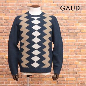 24秋冬/GAUDI/Lサイズ/丸首ニット ウール アルパカ混 インターシャ編み アーガイル クラシコ 新作 今期 新品/紺×ベージュ/ja223/