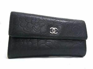 1円 CHANEL シャネル ココマーク カメリア ラムスキン 二つ折り 長財布 ウォレット 札入れ 小銭入れ カード入れ ブラック系 AX7650