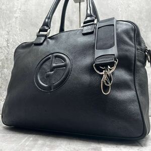 【A4収納/美品】GIORGIO ARMANI ジョルジオアルマーニ トートバッグ ビジネス ブリーフケース メンズ 2way 肩掛け PC レザー ブラック