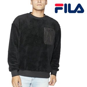 新品 M ★ FILA フィラ メンズ シャギー クルーネック シャツ ボア ブラック ポケット付き レディース 男女兼用 トレーナー トップス 黒