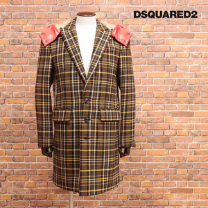 秋冬/DSQUARED2/46サイズ/チェスターコート S71AA0430 ウール ツイード チェック ボア付フード イタリア製 新品/茶色/ブラウン/jd330/