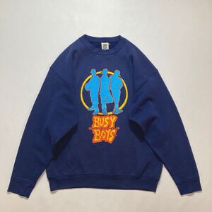 ビッグサイズ☆90s USA製 BUSY BOYS セットインスリーブ スウェット XL 紺 水色 オレンジ ビンテージ ラバープリント