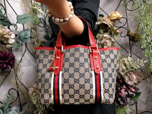 ●超美品●GUCCI グッチ●シェリー●チャーム●GGキャンバス カーフ レザー 本革●ハンド バッグ●赤 グレー ネイビー●G金具●Js52100