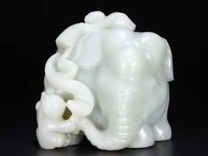 【瓏】和田玉 白玉彫 童子戲象擺件 清時代 極細工 手彫り 置物擺件 中国古賞物 蔵出
