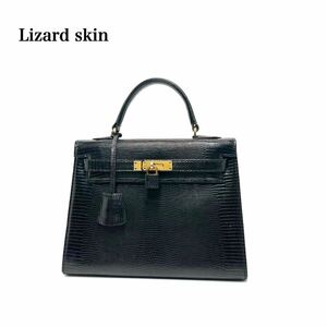 ☆良品☆ Lizard skin リザードスキン 蜥蜴革 ゴールド金具 カギ・カデナ付 ハンドバッグ