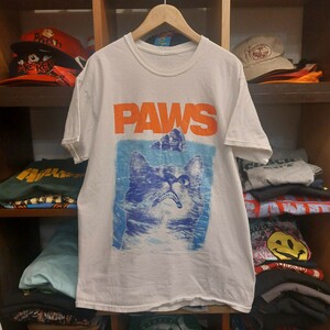 VINTAGE 映画パロディ プリント 白Tシャツ JAWS PAWS ヴィンテージ メンズM CAT 猫好き アメリカ 古着 06G1607