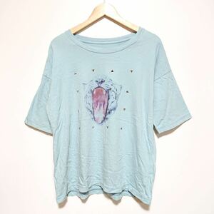 H8646gg e.m.ZUCCa（イーエムズッカ） サイズM 半袖Tシャツ ブルー系 水色 レディース 古着 綿100% 日本製 プリントT スタッズ ゆったり