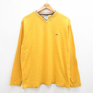 【50%OFF】XL/古着 トミーヒルフィガー トミージーンズ 長袖 ブランド Tシャツ メンズ 90s ワンポイントロゴ コットン Vネック 黄 イエ 5OF