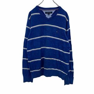 TOMMY HILFIGER ボーダー柄セーター M ブルー トミーヒルフィガー ワンポイントロゴ 薄手 Vネック 古着卸 アメリカ仕入 t2202-4558