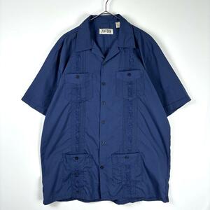 古着 90s オープンカラー キューバシャツ 半袖 刺繍 ライン ネイビー XL