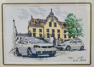 【真作】伊藤栄章　愛車のある風景　風景画　シルクスクリーン　129/1000　版画　額縁