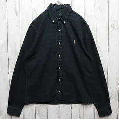 メンズS 【B品 訳あり】 SLIM FIT Ralph Lauren ラルフローレン  長袖 シャツ ボックス オックスフォード 刺繍ワンポイントロゴ チェック 後染め ブラック 黒 厚手 USA古着 00521