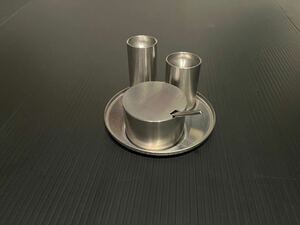 廃盤 Stelton Cylinda Line, Arne Jacobsen salt, pepper, mustard condiment set. ビンテージ ヤコブセン