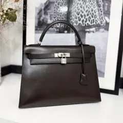 HERMES エルメス ケリー32 ボックスカーフ ブラウン 新型金具