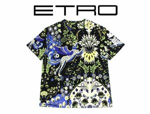 11万新品◆XL◆【ETRO】エトロ◆ラマージュフローラル柄×レジェンダリーアニマル 神話動物モチーフ Tシャツ 黒系『Etro c’est trop』1円