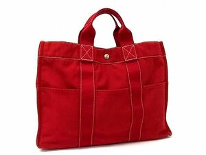 1円 ■美品■ HERMES エルメス ドーヴィルMM キャンバス ハンドバッグ トートバッグ レディース レッド系 BK3908