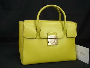 1円 ■美品■ FURLA フルラ メトロポリス レザー ハンドバッグ トートバッグ レディース ライムイエロー系 FG1263