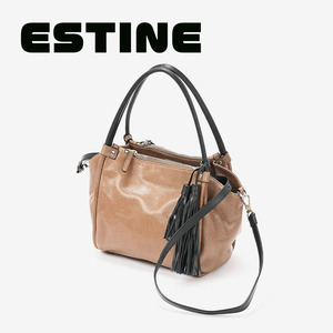 284-15◆ESTINE/エスティーヌ 本革 フリンジ付き2WAYバッグ ハンドバッグ ショルダーバッグ ベージュブラウン