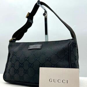 42-40●極美品 使用感少● GUCCI グッチ アクセサリーポーチ ハンドバッグ GGキャンバス レザー ロゴプレート 金具 ブラック 手提げカバン