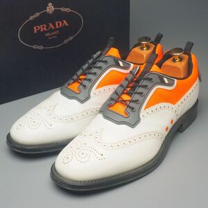 GQ3949//イタリア製*プラダ/PRADA*メンズ8/ウイングチップ/フルブローグ/レザーシューズ/革靴/ホワイト×オレンジ×グレー/2EG211