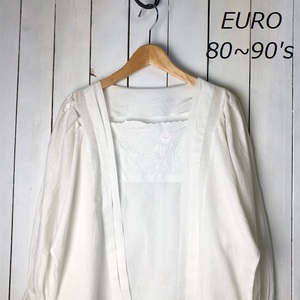 sh●369 EURO古着 80s～90s 刺繍入り レトロチュニックブラウス 白 オールド ヴィンテージ ユーロ ヨーロッパ古着 春夏 パフスリーブ