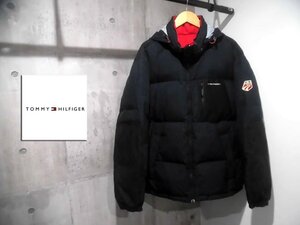 TOMMY HILFIGER トミー ヒルフィガー 収納フード リバーシブル ダウンジャケット XL/US SKIワッペン 肉厚 ダウンブルゾン/黒 赤/メンズ