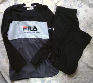 新品 FILA 上下セット Ｌサイズ 黒 マイクロフリース切替ロングＴシャツ パンツ 長Ｔ ズボン ロンＴ ボトムス 部屋着 セットアップ フィラ