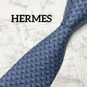 ★ エルメス　HERMES ネクタイ　ブルー　紺　ネイビー　シルク　総柄