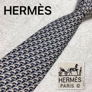 HERMES エルメス　ネクタイ　金具　総柄　シルク100% フランス製　ネイビー×オフホワイト　ビジネス