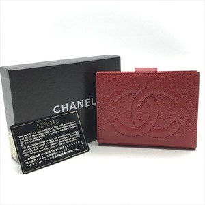 美品 CHANEL シャネル ココマーク キャビアスキン がま口 二つ折り 財布 ウォレット 赤 a3133