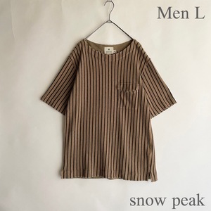 snow peak 日本製 スノーピーク コットン×リネン ストライプ カットソー マルチファブリック ポケット付き 半袖 ブラウン系 size L sk