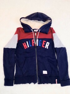 ヒルフィガーデニム HILFIGER DENIM パーカー ジップアップ Sサイズ 紺 ネイビー 赤 レッド グレー ロゴ 