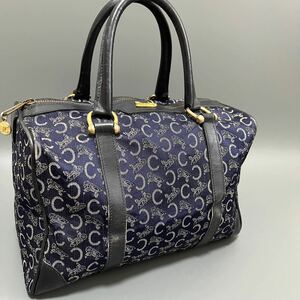 1円 CELINE セリーヌ Cマカダム キャンバス×レザー ミニボストンバッグ ハンドバッグ ネイビー 馬車柄　ゴールド　金具 正規品本物