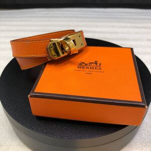 HERMES エルメス レザー 革ベルト ケリーブレスレット 2連 オレンジ ゴールド金具 F刻印 最大手首周り16cm