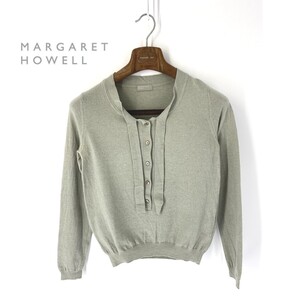 A6290/極美品 春夏 MARGARET HOWELL マーガレットハウエル ウール カシミヤ リボンタイ 長袖 ニット リブ セーター S程 カーキ/レディース