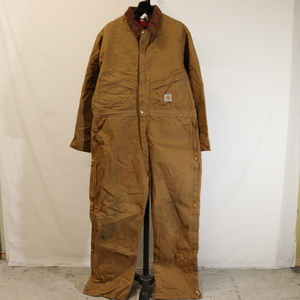 R945 2003年製ビンテージ カーハート Carhartt オールインワン USA製■00s 表記46インチ ブラウン ダック 中綿 ワーク 襟コーデュロイ BRN