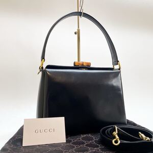 １円【未使用級】GUCCI グッチ ハンドバッグ バンブー ショルダーバッグ 2way レザー 本革 ブラック 黒 ヴィンテージ レディース 冠婚葬祭