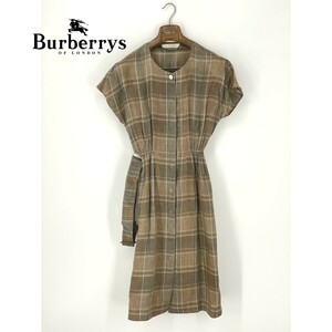 A8297/極美品 春夏 BURBERRY バーバリー リネン100% チェック ノーカラー 半袖 ロング ミモレ丈 ワンピース 11AB2 M程 茶/レディース