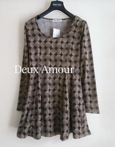 DEUX AMOUR ドゥーザムール 長袖プリントチュニックワンピース ダークブラウン 韓国製 Mサイズ 