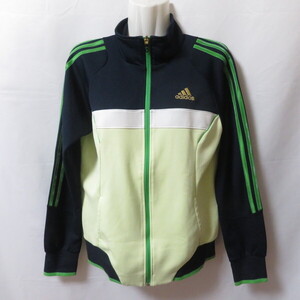 古着 レディースL adidas/アディダス トラックジャケット ジャージ フルジップ スポーツ ネイビー/ホワイト/イエローグリーン O13660