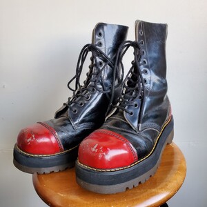 796◆英国製 ドクターマーチン Dr.Martens クレイジーボム 10ホールブーツ UK5/24～24.5㎝位 ツートン 黒×赤 vintage USED 中古