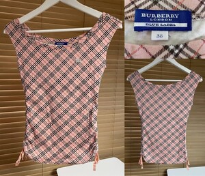 【激安 国内正規品】BURBERRY BLUE LABEL バーバリーブルーレーベル チェック ノースリーブ カットソー 38 コットン100% ホースマーク刺繍