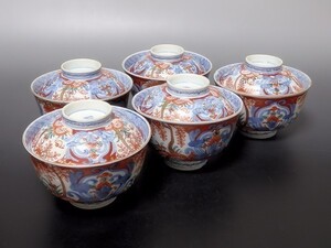 Yayi-D326　伊万里 色絵 草花紋の図 蓋茶碗　５客