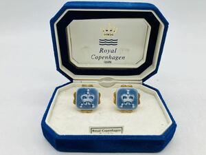 5d12 必見 ! ROYAL COPENHARGEN ロイヤルコペンハーゲン カフス ゴールド×ブルー 王冠 陶器 ケース有り 中古品 現状品 !