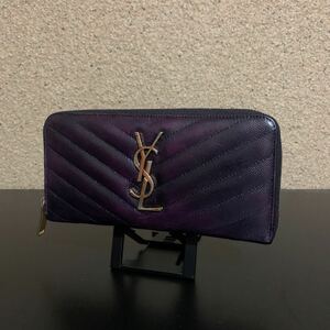 SAINT LAURENT サンローラン Vステッチ　YSL ラウンドファスナー 長財布 ゴールド金具